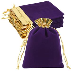 hrx package 10pcs velvet bags with drawstrings 5×7 inch, purple gold cloth jewelry pouches baggies sacks for small gift dice party favor
