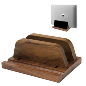 vertical laptop stand wood, wooden adjustable laptop holder, walnut, 2 slot, double, upright laptop holder for desk, macbook stand, laptop dock, desktop organizer, fits macbook, other laptops, phone