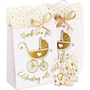 25 pack baby shower gifts bag with tissue paper and ribbons – gold baby shower gifts bags medium size – baby gift bags for baby shower, baby boy gift bag, baby girl gift bag, gender reveal gift bag bulk (8″l x 4.5″w x 10″h, white)
