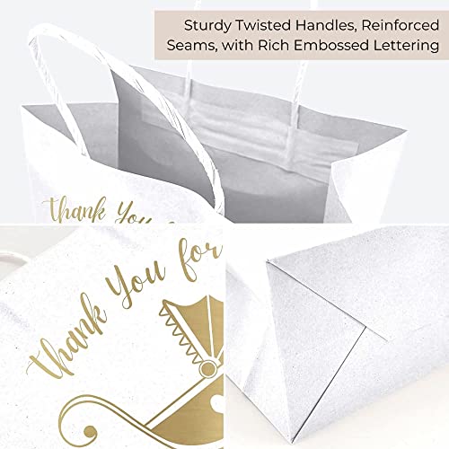 25 Pack Baby Shower Gifts Bag with Tissue Paper and Ribbons - Gold Baby Shower Gifts Bags Medium Size - Baby Gift Bags for Baby Shower, Baby Boy Gift Bag, Baby Girl Gift Bag, Gender Reveal Gift Bag Bulk (8"L x 4.5"W x 10"H, White)