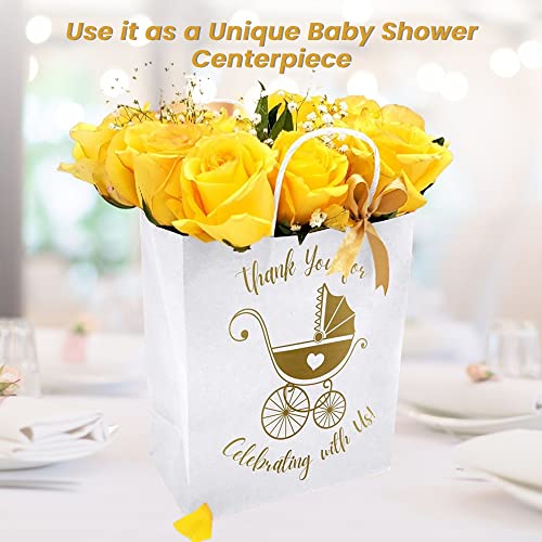 25 Pack Baby Shower Gifts Bag with Tissue Paper and Ribbons - Gold Baby Shower Gifts Bags Medium Size - Baby Gift Bags for Baby Shower, Baby Boy Gift Bag, Baby Girl Gift Bag, Gender Reveal Gift Bag Bulk (8"L x 4.5"W x 10"H, White)