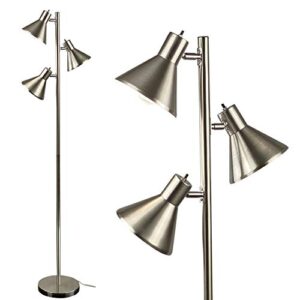 lightaccents 3 light brushed nickel floor lamp with 3 adjustable reading room lights – tree style standing lamp with adjustable lights – floor standing pole light – living room lamp (brushed nickel)