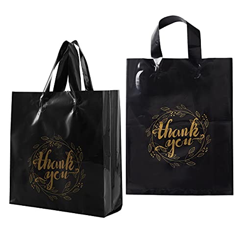 Plastic Thank You Merchandise Bags Gift Bags Reusable Thank You Shopping Bags with Loop Handles (9x12 Inch (Pack of 100), Black)