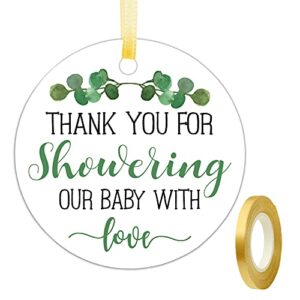 thank you for showering our baby with love tags, baby shower favor tags, thank you gift tags baby shower, thank you tags with string, 2 inches, 50 count with golden ribbon
