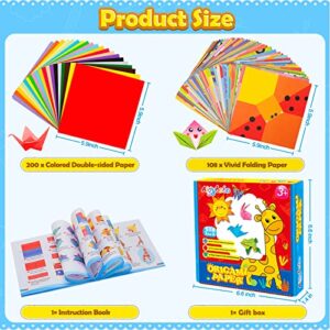 Aigybobo Origami Paper Set, 308PCS Kids Craft Paper Kit with Instructional Book for Girls Age 6,7,8,9,10,11,12, Art Projects Supplies for School Class Craft Lessons- Christmas Gifts for Boys&Girls