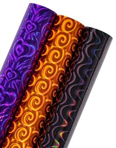 lezakaa holographic wrapping paper roll – mini roll – purple heart/orange spiricle/black wavy stripe for valentine’s day, birthday, holiday – 17 x 120 inches – 3 rolls (42.5 sq.ft.ttl.)