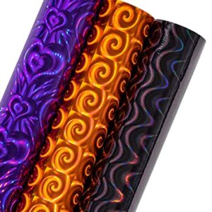 LeZakaa Holographic Wrapping Paper Roll - Mini Roll - Purple Heart/Orange Spiricle/Black Wavy Stripe for Valentine's Day, Birthday, Holiday - 17 x 120 inches - 3 Rolls (42.5 sq.ft.ttl.)