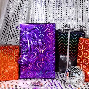 LeZakaa Holographic Wrapping Paper Roll - Mini Roll - Purple Heart/Orange Spiricle/Black Wavy Stripe for Valentine's Day, Birthday, Holiday - 17 x 120 inches - 3 Rolls (42.5 sq.ft.ttl.)