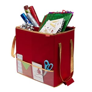 simplify gift bag organizer | dimensions: 10.5″x 16″x 16″ | stores gift bags | ribbon | tissue paper | gift cards | large reinforced handles | red | holiday storage | collapsible