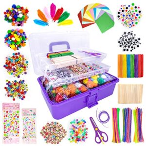 1405 pcs art and craft supplies for kids, toddler diy craft art supply set included pipe cleaners, pom poms, feather, folding storage box – all in one for craft diy art supplies (purple)