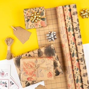 RUSPEPA Wrapping Paper Rolls with Tags and Jute String - 17 inches x 10 feet per Roll, Total of 3 Rolls, Flowers