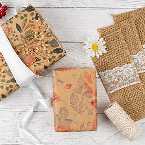 RUSPEPA Wrapping Paper Rolls with Tags and Jute String - 17 inches x 10 feet per Roll, Total of 3 Rolls, Flowers