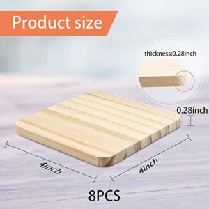 FSWCCK 8 PCS Unfinished Wooden Coasters, 4 Inch Blank Square Wood Coasters, Crafts Wooden Slices for Painting, Engraving Wood, DIY Coasters, Wedding Decoration