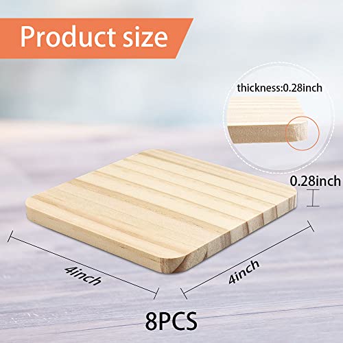 FSWCCK 8 PCS Unfinished Wooden Coasters, 4 Inch Blank Square Wood Coasters, Crafts Wooden Slices for Painting, Engraving Wood, DIY Coasters, Wedding Decoration