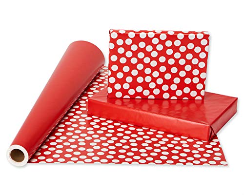 American Greetings Reversible Wrapping Paper Jumbo Roll for Birthdays, Mother's Day, Father's Day, Graduation and All Occasions, Red and White Polka Dots (1 Roll, 175 sq. ft.)