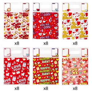 JOYIN 48 Pcs Valentine’s Day Sealing Gift Bag with Handles, Candy Bag with 6 Designs for Kids Party Favor, Classroom Exchange Prizes, Valentine’s Goodie Bags