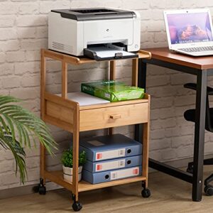 alimorden 3-tiers mobile printer stand holder with drawer, rolling cart with wheels, bamboo rack for home and office