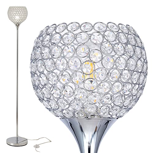 Spherical Crystal Floor Lamp, Silver 8.7 in Shade Elegant Standing Light with Crystal Lamp Shade for Living Room, Bedroom, Office, Modern Chrome 61 in Tall Pole Lighting, E26 Base, LED Bulb Included