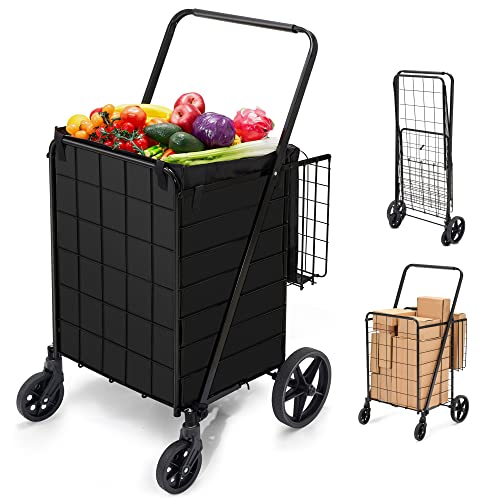 HABUTWAY Folding Shopping Cart with Wheels 360°Rolling Swivel Grocery Cart with Removable Oxford Cloth Liner Compact Utility Cart for Groceries Luggage Laundry,220lb Capacity