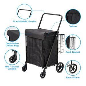 HABUTWAY Folding Shopping Cart with Wheels 360°Rolling Swivel Grocery Cart with Removable Oxford Cloth Liner Compact Utility Cart for Groceries Luggage Laundry,220lb Capacity