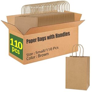 alexhome 110 pcs brown paper bags with handles,5.8 x 3.2 x 8.2 inches,size small,paper gift bags,kraft paper bags bulk for grocery/business owners/shopping/party/goody/retail/takeouts/birthday/christmas,brown,small,110 pcs