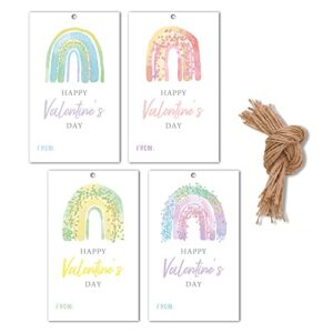 valentine’s day gift tags, 40 pcs valentine paper tags with string, rainbow themed valentine favor tag for kids, school valentine treat tag, valentine’s day party supplies decorations(a04)