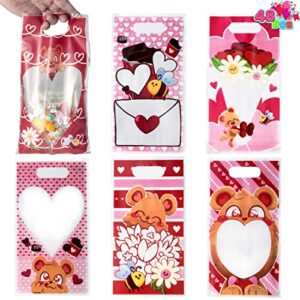 joyin 48 pcs valentine’s day gift bag plastic treat bags, cellophane candy bags in 6 designs with heart shaped window for kids valentine party favor supplies, classroom gift exchange goodie bags
