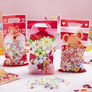 JOYIN 48 Pcs Valentine’s Day Gift Bag Plastic Treat Bags, Cellophane Candy Bags in 6 Designs with Heart Shaped Window for Kids Valentine Party Favor Supplies, Classroom Gift Exchange Goodie Bags