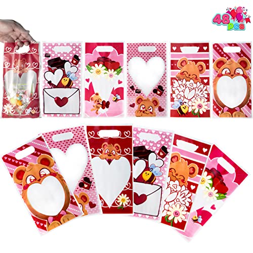 JOYIN 48 Pcs Valentine’s Day Gift Bag Plastic Treat Bags, Cellophane Candy Bags in 6 Designs with Heart Shaped Window for Kids Valentine Party Favor Supplies, Classroom Gift Exchange Goodie Bags