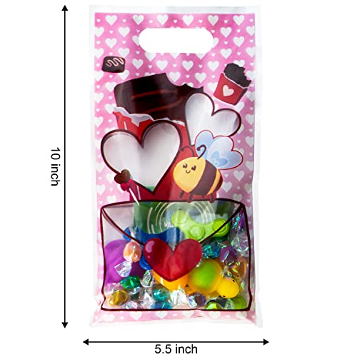 JOYIN 48 Pcs Valentine’s Day Gift Bag Plastic Treat Bags, Cellophane Candy Bags in 6 Designs with Heart Shaped Window for Kids Valentine Party Favor Supplies, Classroom Gift Exchange Goodie Bags