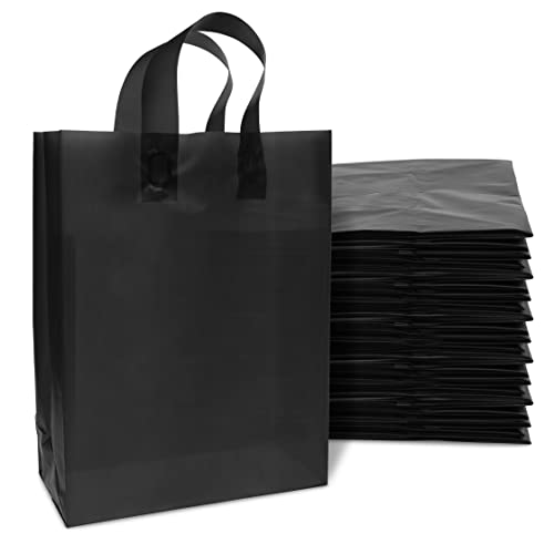 Plastic Bags with Handles - 100 Pack Medium Black Frosted Plastic Gift Bags, Gusset & Cardboard Bottom, Bulk Merchandise Retail Gift Bags, Boutiques, Small Business, Parties, Events - 10x5x13