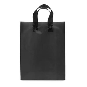 Plastic Bags with Handles - 100 Pack Medium Black Frosted Plastic Gift Bags, Gusset & Cardboard Bottom, Bulk Merchandise Retail Gift Bags, Boutiques, Small Business, Parties, Events - 10x5x13