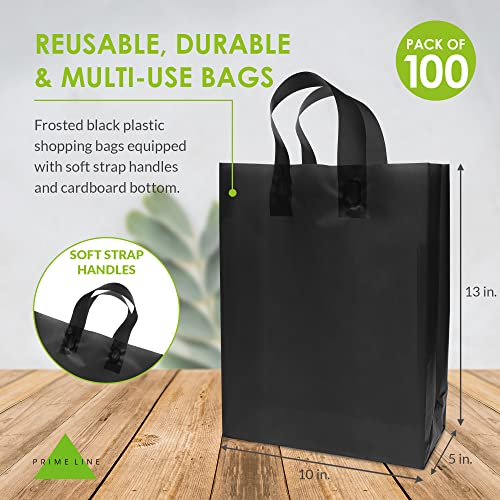 Plastic Bags with Handles - 100 Pack Medium Black Frosted Plastic Gift Bags, Gusset & Cardboard Bottom, Bulk Merchandise Retail Gift Bags, Boutiques, Small Business, Parties, Events - 10x5x13