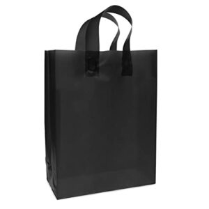 Plastic Bags with Handles - 100 Pack Medium Black Frosted Plastic Gift Bags, Gusset & Cardboard Bottom, Bulk Merchandise Retail Gift Bags, Boutiques, Small Business, Parties, Events - 10x5x13