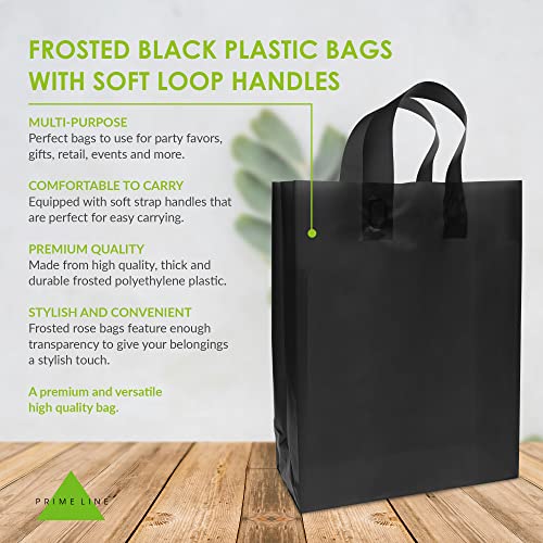 Plastic Bags with Handles - 100 Pack Medium Black Frosted Plastic Gift Bags, Gusset & Cardboard Bottom, Bulk Merchandise Retail Gift Bags, Boutiques, Small Business, Parties, Events - 10x5x13