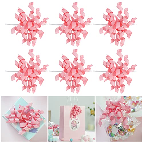 AIMUDI Pink Curly Bows 4" Valentine's Day Gift Bows Self Adhesive Baby Pink Bows for Baby Shower Twist Tie Bows for Treat Bags It is a Girl Gender Reveal Party Favors Decorations - 6 Counts