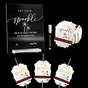 100 pcs wedding sparklers tag with acrylic sign board & marker set, “let love sparkle” rustic wedding wand tag decor, cards with match striker strip for weddings send-off, anniversary, engagement exit