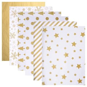 blisstime 106 sheets gold tissue paper gift wrap bulk, 19.5″ x 13.6″ christmas tissue paper for wrapping, 6 assorted designs golden stars snow dots for christmas gift bags, diy and craft