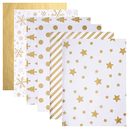 Blisstime 106 Sheets Gold Tissue Paper Gift Wrap Bulk, 19.5" x 13.6" Christmas Tissue Paper for Wrapping, 6 Assorted Designs Golden Stars Snow Dots for Christmas Gift Bags, DIY and Craft