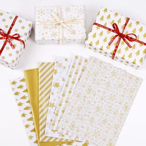 Blisstime 106 Sheets Gold Tissue Paper Gift Wrap Bulk, 19.5" x 13.6" Christmas Tissue Paper for Wrapping, 6 Assorted Designs Golden Stars Snow Dots for Christmas Gift Bags, DIY and Craft