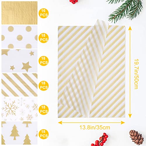 Blisstime 106 Sheets Gold Tissue Paper Gift Wrap Bulk, 19.5" x 13.6" Christmas Tissue Paper for Wrapping, 6 Assorted Designs Golden Stars Snow Dots for Christmas Gift Bags, DIY and Craft