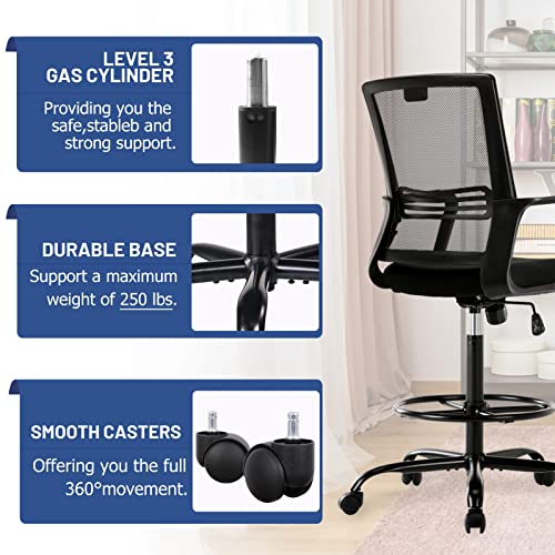 Tall Office Chair, Drafting Chair, Counter Height Office Chairs, High Adjustable Standing Desk Chair, Ergonomic Mesh Computer Task Chair with Armrests and Adjustable Foot-Ring for Bar Height Desk