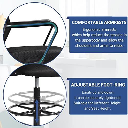 Tall Office Chair, Drafting Chair, Counter Height Office Chairs, High Adjustable Standing Desk Chair, Ergonomic Mesh Computer Task Chair with Armrests and Adjustable Foot-Ring for Bar Height Desk