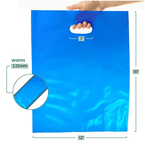 100 Pack 12" x 15" with 1.25 mil Thick Blue Merchandise Plastic Glossy Retail Bags | Die Cut Handles | Perfect for Shopping, Party Favors, Birthdays, Children Parties | Color Blue | 100% Recyclable