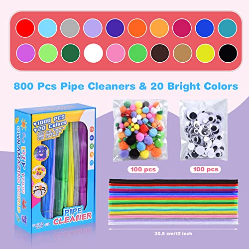 LHSQIOQIO Pipe Cleaners, 1000 Pcs 20 Assorted Colors 12 Inch Chenille Stems Craft Supplies with Pom Poms and Googly Eyes, Great for DIY Art Craft