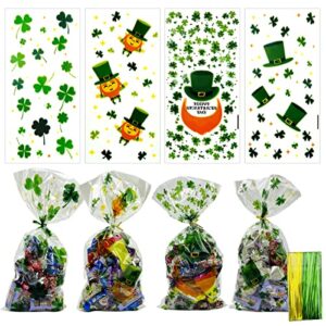 160 pieces st. patrick’s day cellophane treat bags, irish lucky shamrock plastic candy bags goodie favor bags with ties for saint patrick’s day party supplies