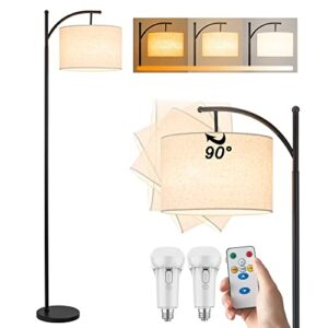 battery operated cordless floor lamp with remote control for bedroom, dimmable floor lamp modern tall standing floor lamp with linen lampshade for living room, 3 color temperatures led bulb included