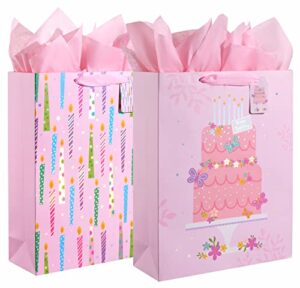 suncolor 2 pack 16″ extra large gift bags with tissue paper for girls birthday party bags