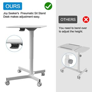 JYLH JOYSEEKER Mobile Standing Desk, 28 inch Height Adjustable Rolling Laptop Desk, Pneumatic Sit Stand Desk with Lockable Wheels, Portable Desk Workstation for Home Office, White