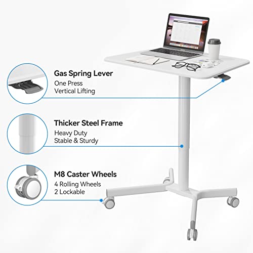 JYLH JOYSEEKER Mobile Standing Desk, 28 inch Height Adjustable Rolling Laptop Desk, Pneumatic Sit Stand Desk with Lockable Wheels, Portable Desk Workstation for Home Office, White